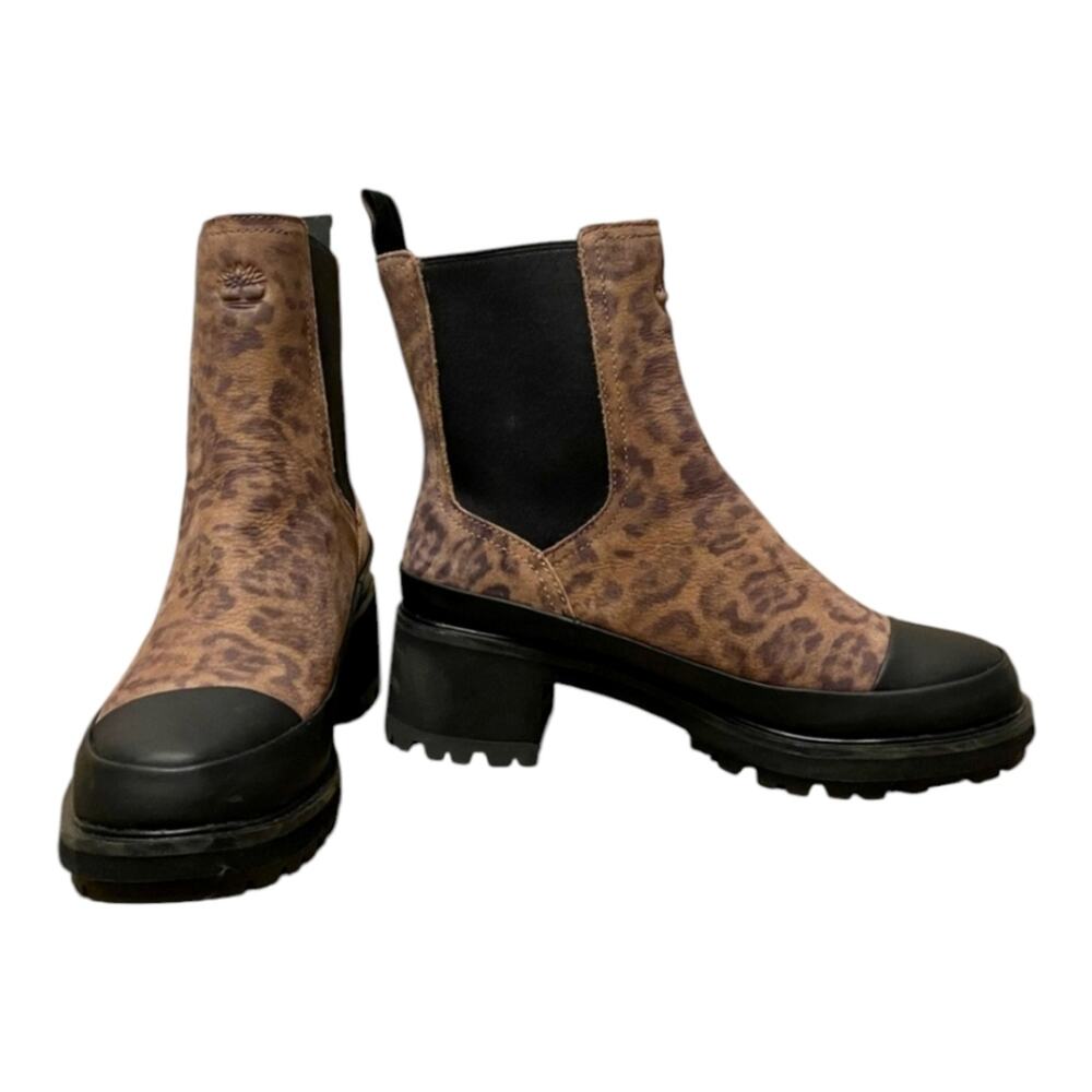 Timberland Kori Chelsea Boots Leopard Print Leather Lug Sole Ankle Booties